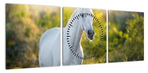 Obraz białego konia na łące (z zegarem) (90x30 cm)