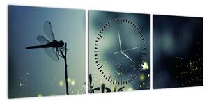 Obraz - Ważka w błyszczącej nocy (z zegarem) (90x30 cm)