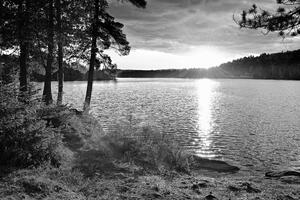 Fototapeta zachód słońca nad jeziorem w czerni i bieli