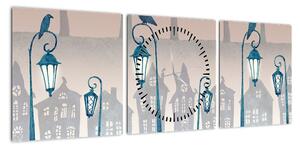 Obraz - Kruki strzegące miasta (z zegarem) (90x30 cm)