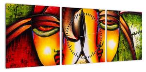 Obraz - Obraz olejny, abstrakcyjne twarze (z zegarem) (90x30 cm)