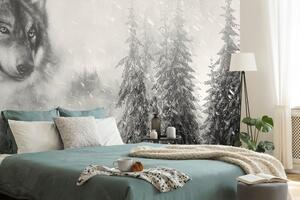 Samoprzylepna tapeta czarno-biały wilk w śnieżnym krajobrazie