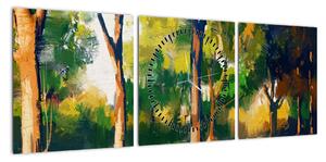 Obraz lasu w letnim słońcu, malarstwo (z zegarem) (90x30 cm)