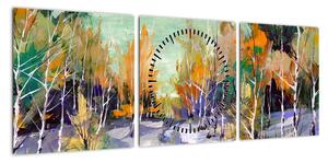 Obraz - Zaśnieżona ścieżka przez las, obraz olejny (z zegarem) (90x30 cm)