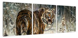 Obraz - Tygrys w zaśnieżonym lesie, obraz olejny (z zegarem) (90x30 cm)