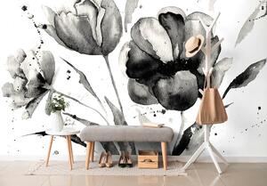 Tapeta czarno-białe tulipany w ciekawym wzorze