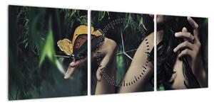 Obraz pełnej wdzięku kobiety z motylem (z zegarem) (90x30 cm)