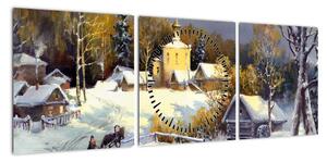 Obraz - Zimowe miasteczko (z zegarem) (90x30 cm)
