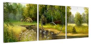 Obraz - Rzeka przy lesie, obraz olejny (z zegarem) (90x30 cm)