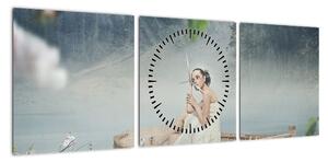 Obraz - Kobieta na łodzi (z zegarem) (90x30 cm)