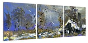 Obraz chaty w zimowym krajobrazie, obraz olejny (z zegarem) (90x30 cm)