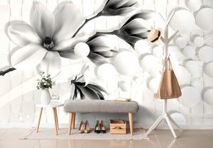 Tapeta czarno-biała magnolia z abstrakcyjnymi elementami