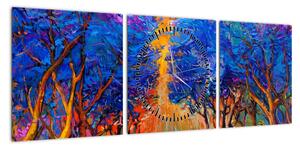 Obraz - Jesienne korony drzew, nowoczesny impresjonizm (z zegarem) (90x30 cm)