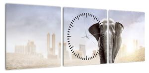 Obraz - Słonie w wielkim mieście (z zegarem) (90x30 cm)