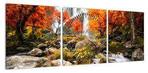 Obraz - Wodospady w pomarańczowym lesie (z zegarem) (90x30 cm)
