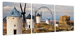 Obraz - Wiatraki Consuegra, Hiszpania (z zegarem) (90x30 cm)