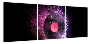 Obraz - Płyta winylowa w kolorze różowo-fioletowym (z zegarem) (90x30 cm)