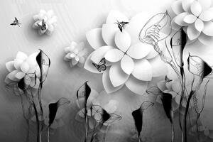 Samoprzylepna tapeta czarno-białe abstrakcyjne kwiaty