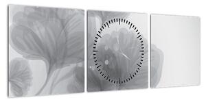 Obraz kwiatów w odcieniach szarości (z zegarem) (90x30 cm)