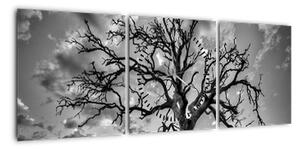Obraz - Czarno - białe drzewo (z zegarem) (90x30 cm)