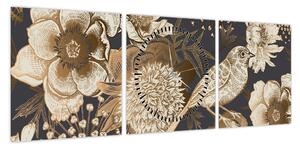 Obraz złotych kwiatów na ciemnym tle (z zegarem) (90x30 cm)