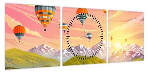Obraz balonów nad krajobrazem (z zegarem) (90x30 cm)