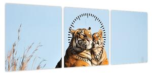 Obraz - Tygrysica i jej młode (z zegarem) (90x30 cm)