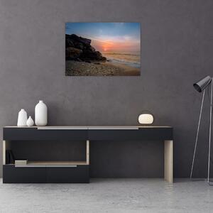Obraz na szkle - zachód słońca na plaży (70x50 cm)