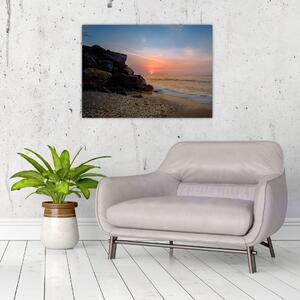 Obraz na szkle - zachód słońca na plaży (70x50 cm)