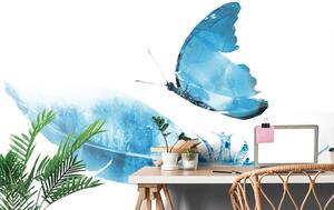 Tapeta piórko z motylem w niebieskim kolorze