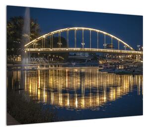 Obraz na szkle - most z fontanną (70x50 cm)