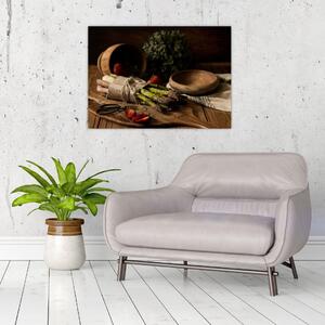 Obraz na szkle - szparagi na stole (70x50 cm)