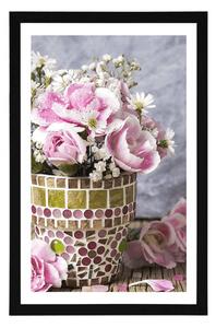Plakat z passe-partout kwiaty goździków w doniczce mozaikowej