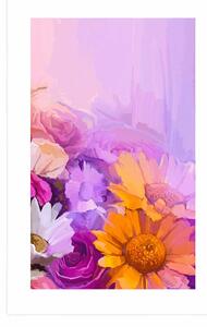 Plakat z passe-partout obraz olejny kolorowych kwiatów