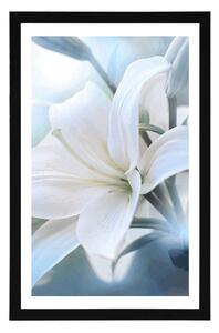 Plakat z passe-partout biały kwiat lilii na abstrakcyjnym tle