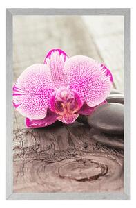 Plakat z passe-partout orchidea i kamienie Zen na drewnianym tle