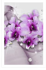 Plakat fioletowe kwiaty na abstrakcyjnym tle