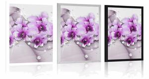 Plakat fioletowe kwiaty na abstrakcyjnym tle