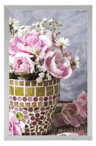 Plakat kwiaty goździków w doniczce mozaikowej