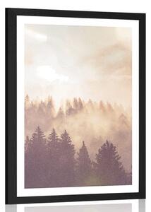 Plakat z passe-partout mgła nad lasem