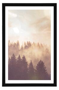 Plakat z passe-partout mgła nad lasem