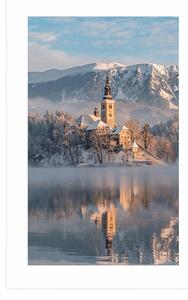 Plakat z passe-partout kościół nad jeziorem Bled w Słowenii