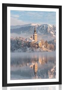 Plakat z passe-partout kościół nad jeziorem Bled w Słowenii