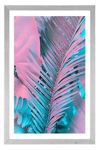 Plakat z passe-partout liście palmowe w niezwykłych neonowych kolorach
