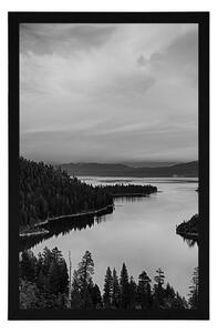 Plakat jezioro o zachodzie słońca w czerni i bieli