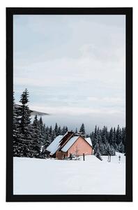 Plakat domek w zaśnieżonej naturze