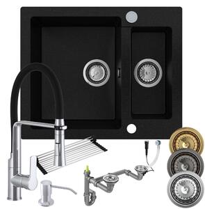 Zlewozmywak czarny granitowy 1,5 komorowy wpuszczany + akcesoria | Sink Quality