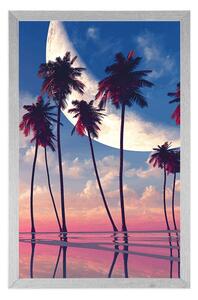 Plakat zachód słońca nad tropikalnymi palmami