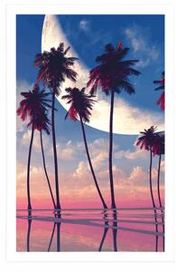 Plakat zachód słońca nad tropikalnymi palmami