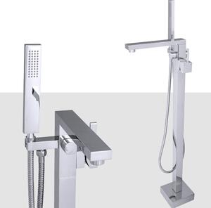 Srebrna bateria wannowa wysoka wolnostojąca - z wężem 150 cm | mosiężna